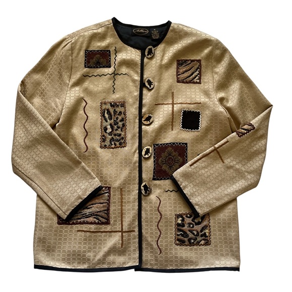 Vintage Allure Tan and Black Blazer with Artistic Patchwork - Picture 4 of 10